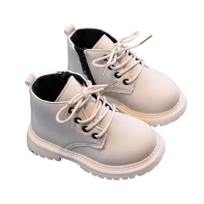 Toddler girls and boys combat ankle boots by Aura Restored, waterproof leather shoes with side zipper, ideal for outdoor fall wear.