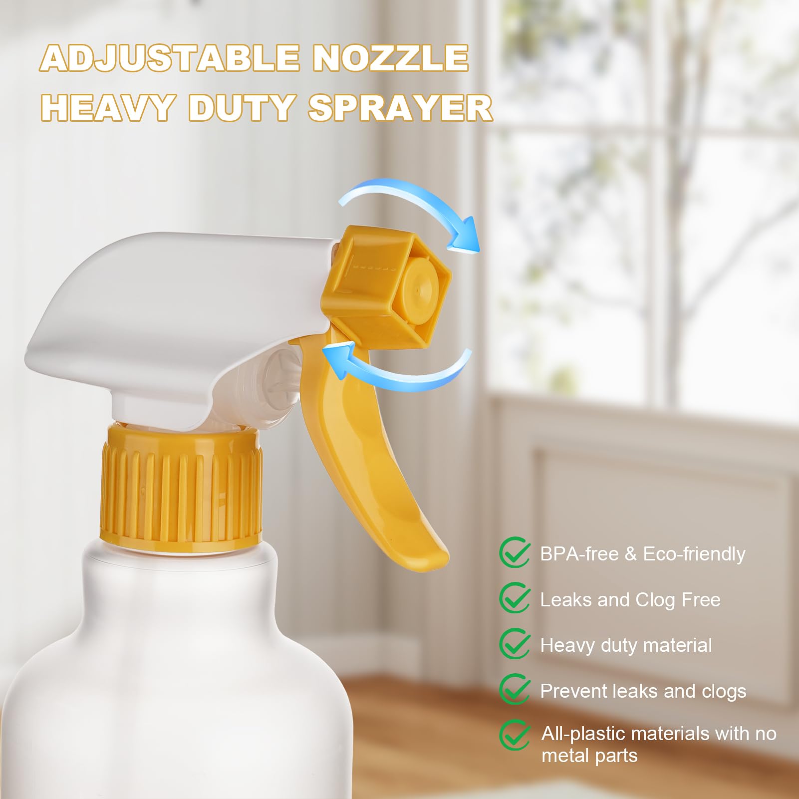 12 oz heavy-duty plastic spray bottle from Aura Restored, used for cleaning supplies with a trigger sprayer and durable design.