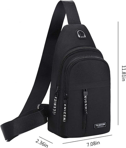 Aura Restored Gideon Collection sling bag with USB port, crossbody style, chest bag, and sling backpack for women and men.