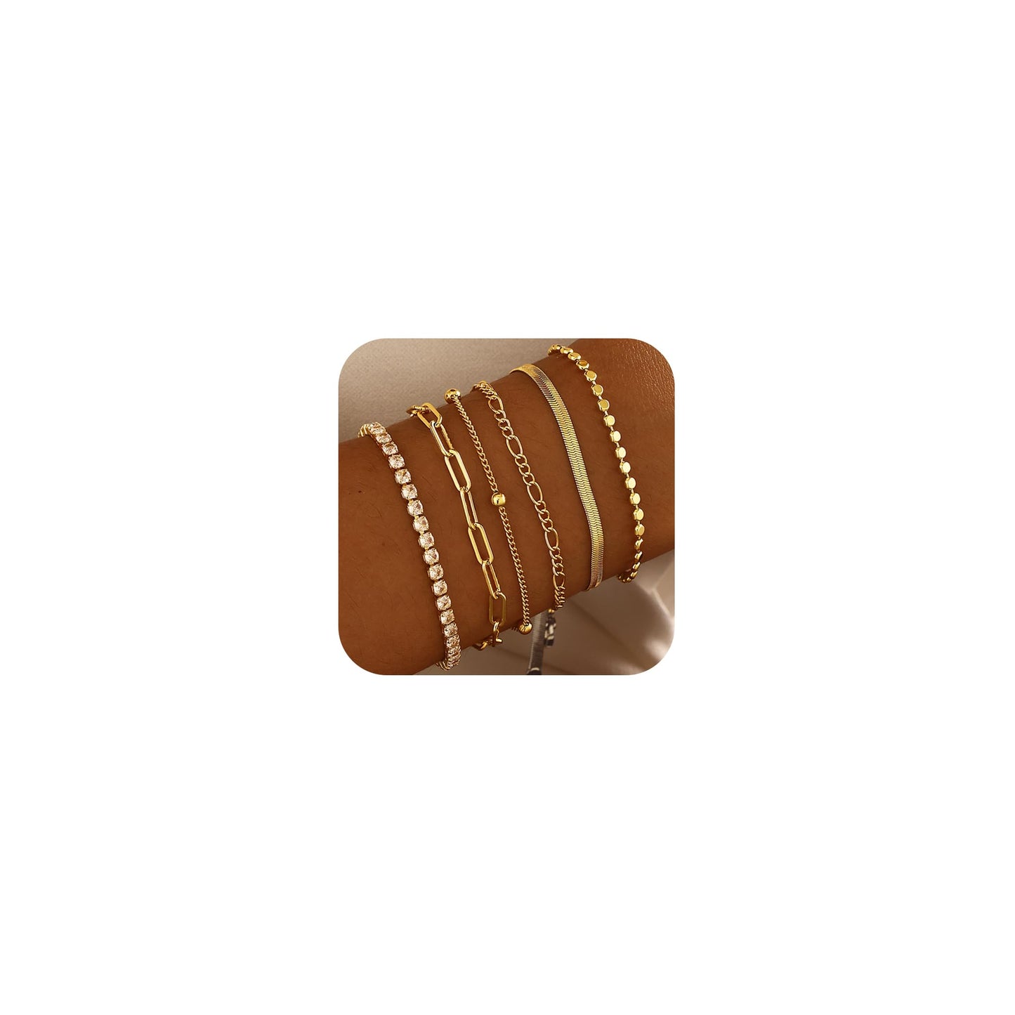 Kryssable Collection Gold Bracelets Set for Women 14K Real Gold Plated Jewelry Fashion Stackable Tennis Beaded Figaro Herringbone Paperclip Link Bracelet Pack Stack Gifts for Women