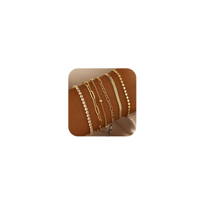 Kryssable Collection Gold Bracelets Set for Women 14K Real Gold Plated Jewelry Fashion Stackable Tennis Beaded Figaro Herringbone Paperclip Link Bracelet Pack Stack Gifts for Women