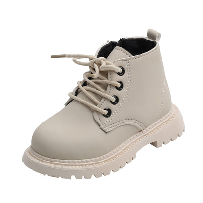 Aura Restored toddler girls and boys combat ankle boots with waterproof leather, side zipper, and comfortable outdoor design.