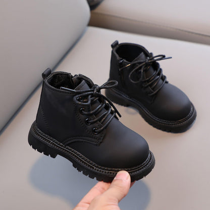 Aura Restored toddler girls and boys combat ankle boots with waterproof leather, side zipper, and comfortable fall footwear for kids.