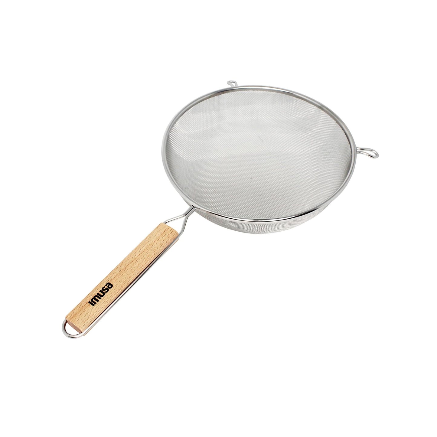 Aura Restored IMUSA 6-inch black plastic kitchen strainer showing fine mesh and sturdy handle for draining liquids.