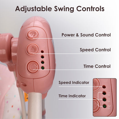 Aura Restored Tiny Marvels portable baby swing with adjustable speed, music, removable toy bar, foldable design for infants 0-9 months.