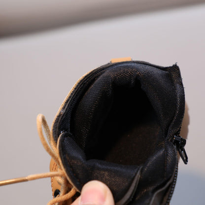 Aura Restored toddler girls and boys combat ankle boots with waterproof leather, side zipper, and comfortable fall outdoor shoes for kids.