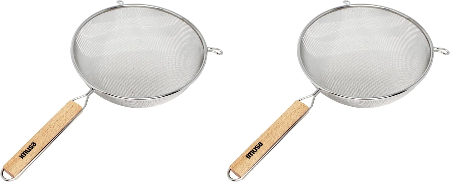 Black 6-inch plastic kitchen strainer by Aura Restored, ideal for draining and sifting in cooking and baking.