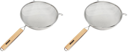 Black 6-inch plastic kitchen strainer by Aura Restored, ideal for draining and sifting in cooking and baking.