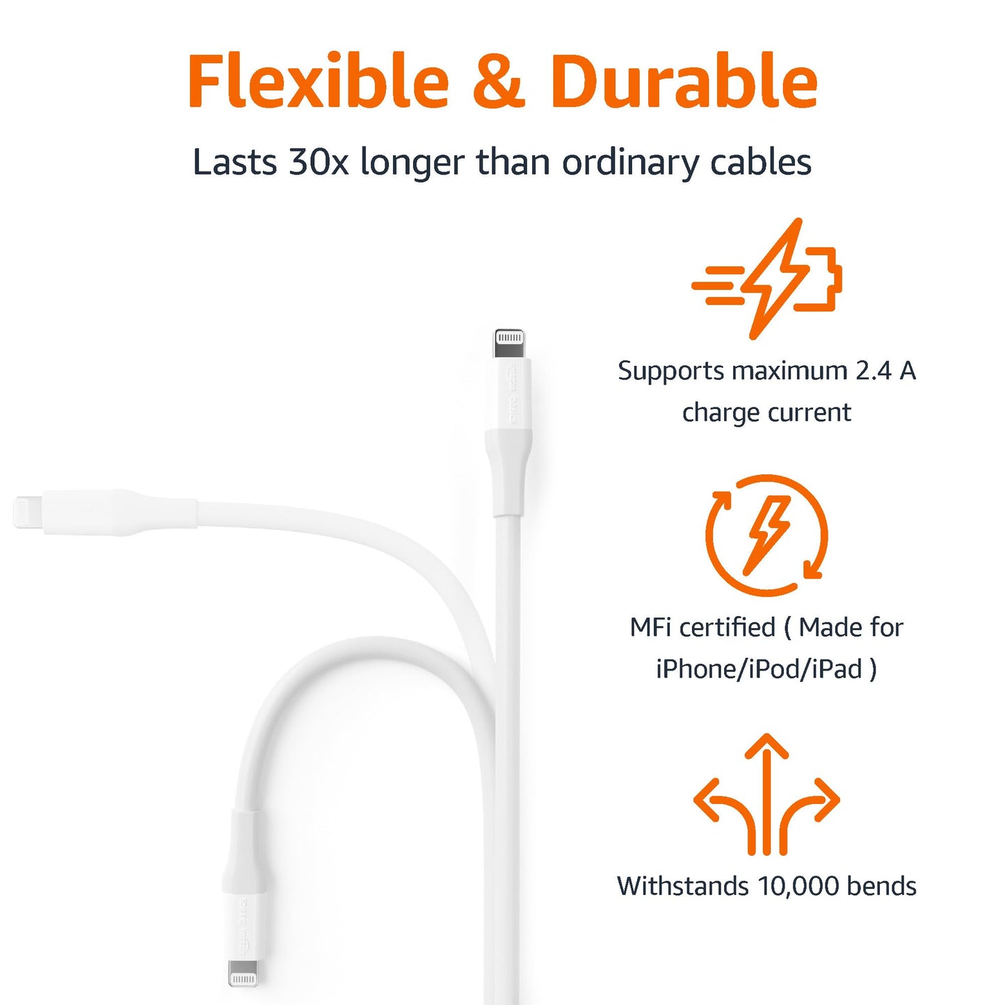 Amazon Basics - 1-Pack USB-A to Lightning ABS Charger Cable, MFi Certified for Apple iPhone 14 13 12 11 X Xs Pro, Pro Max, Plus, iPad, 10,000 Bend Lifespan, 10 Foot, White