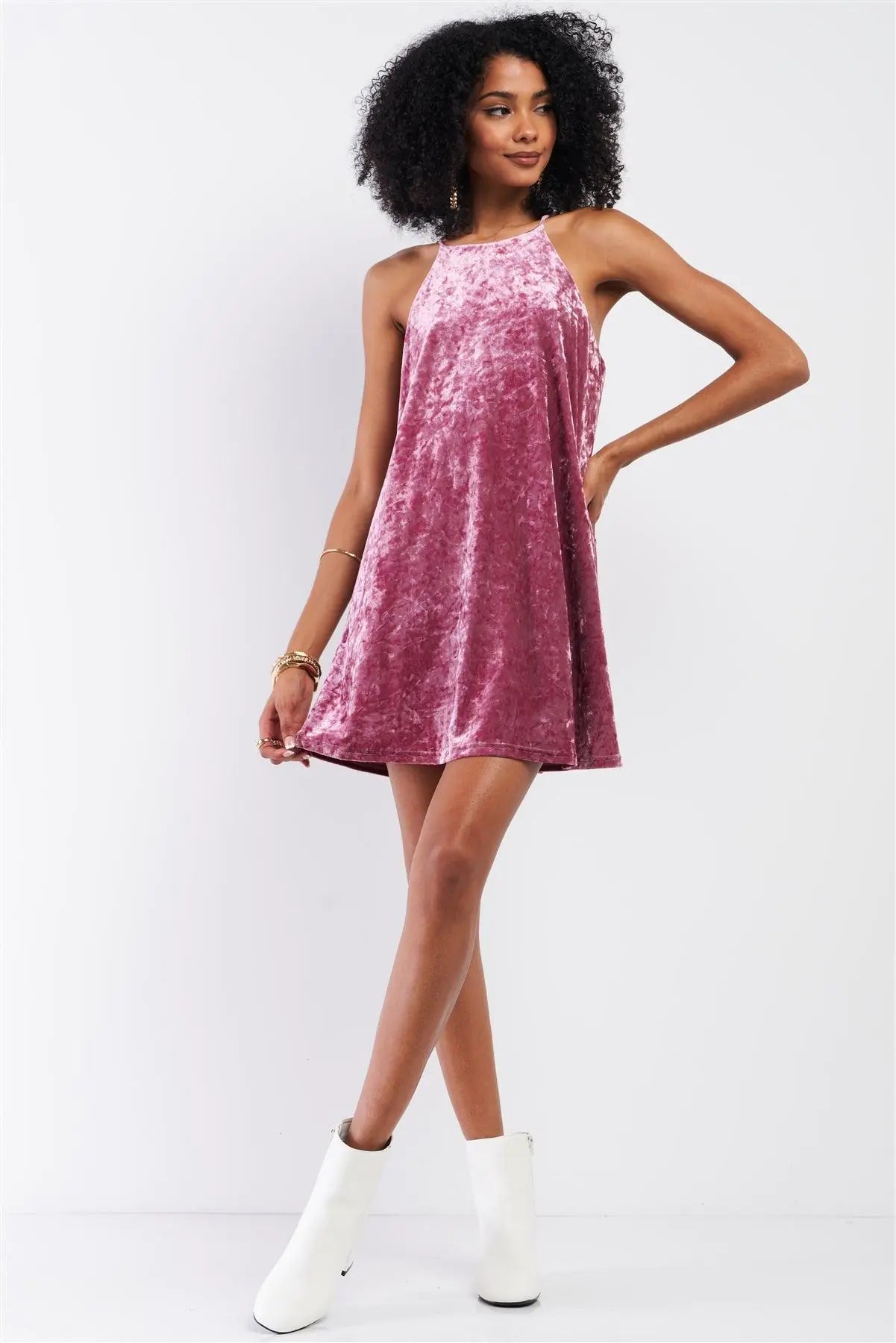 NYMY Pink Rose Velvet Square Halter Neck Mini Dress Aura Restored