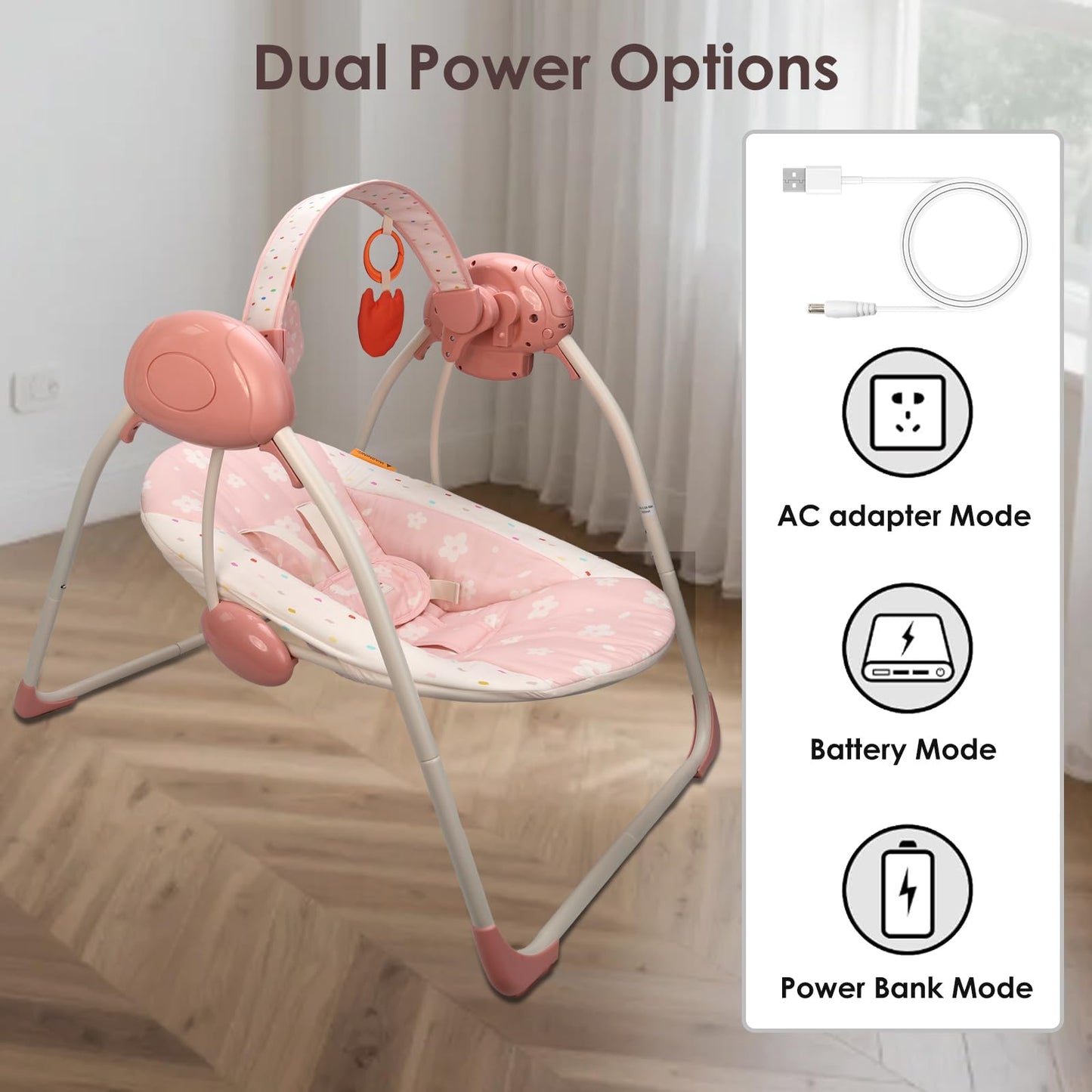 Baby Swings for Infants, Tiny Marvels Portable Swing with Adaptable Speed, Music, Removable-Toy-Bar, Foldable Infant Swing for Indoor and Outdoor Use, 0-9 Months 6-20 lbs(Blush Bloom)