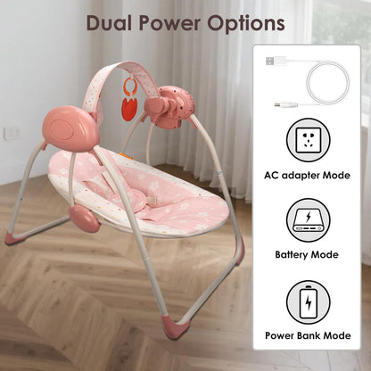 Aura Restored Tiny Marvels infant baby swing with adjustable speed, music, removable toy bar, foldable for indoor and outdoor use.