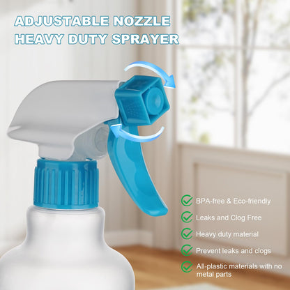 12 oz heavy-duty plastic spray bottles by Aura Restored for cleaning, shown with spray nozzle and clear plastic body.