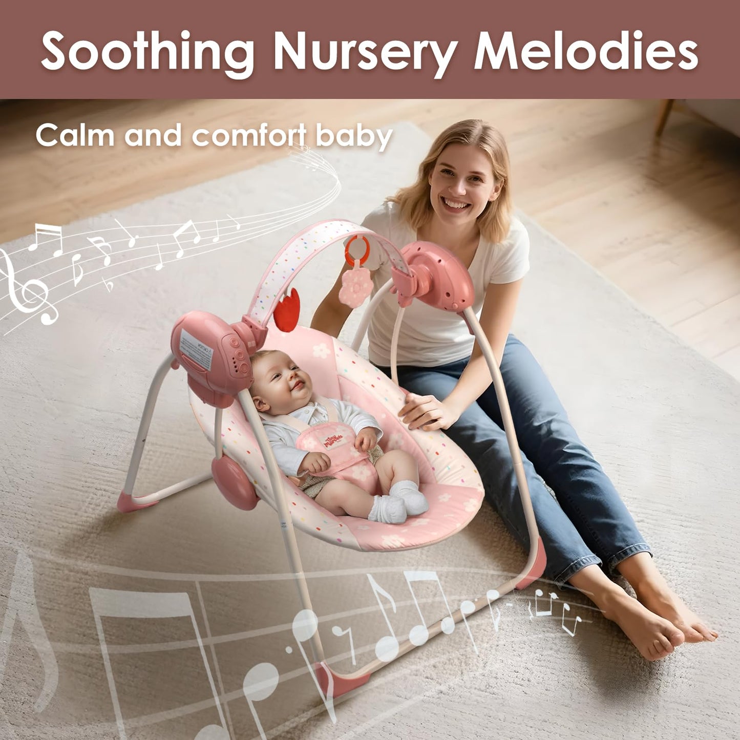 Baby Swings for Infants, Tiny Marvels Portable Swing with Adaptable Speed, Music, Removable-Toy-Bar, Foldable Infant Swing for Indoor and Outdoor Use, 0-9 Months 6-20 lbs(Blush Bloom)