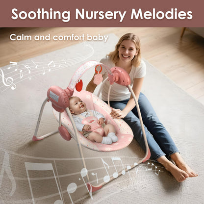 Aura Restored Tiny Marvels infant swing in blush bloom with adjustable speed, music, removable toy bar, foldable for indoor and outdoor use.
