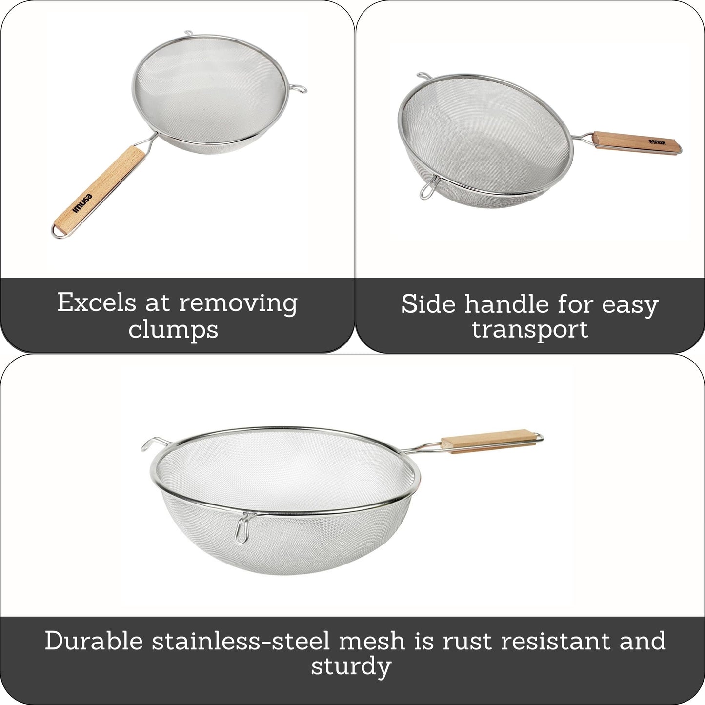 Black 6-inch IMUSA IMU-71133W plastic strainer, kitchen utensil designed for draining and sifting in cooking and baking.
