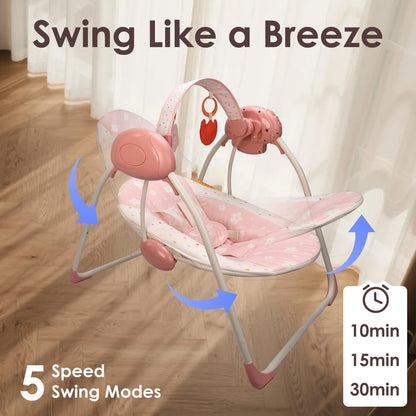 Aura Restored Tiny Marvels portable baby swing in blush bloom with adjustable speed, music, removable toy bar, foldable for indoor and outdoor use.