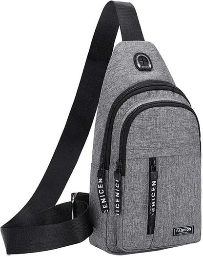 Aura Restored Gideon Collection sling bag with USB port, crossbody design, chest bag, versatile for women and men.