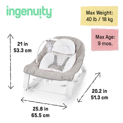 Aura Restored Ingenuity Keep Cozy 3-in-1 baby bouncer with toy bar, vibrating seat, and toddler rocker for infants to 30 months.