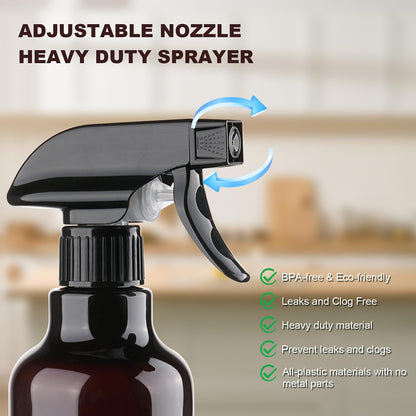 Aura Restored 12 oz heavy duty plastic spray bottles for cleaning supplies, with adjustable nozzles and durable construction.