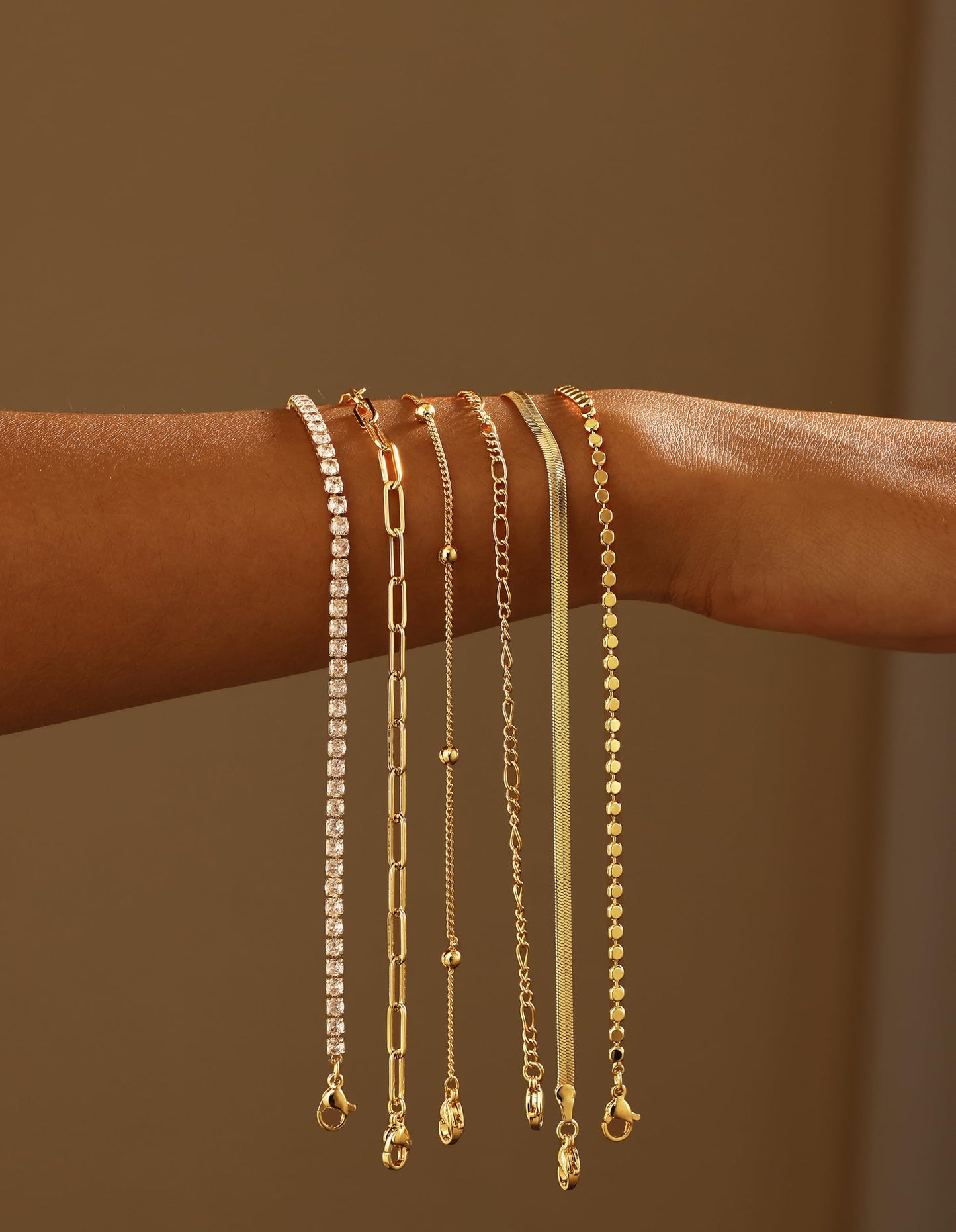 Kryssable Collection Gold Bracelets Set for Women 14K Real Gold Plated Jewelry Fashion Stackable Tennis Beaded Figaro Herringbone Paperclip Link Bracelet Pack Stack Gifts for Women