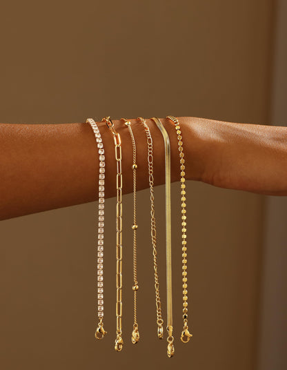 Kryssable Collection Gold Bracelets Set for Women 14K Real Gold Plated Jewelry Fashion Stackable Tennis Beaded Figaro Herringbone Paperclip Link Bracelet Pack Stack Gifts for Women