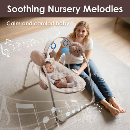 Aura Restored Tiny Marvels portable baby swing in blush bloom, with adjustable speed, music, removable toy bar, suitable for infants 0-9 months