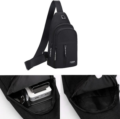 Aura Restored Gideon Collection sling bag with USB hole, crossbody style, versatile chest pack for women and men.