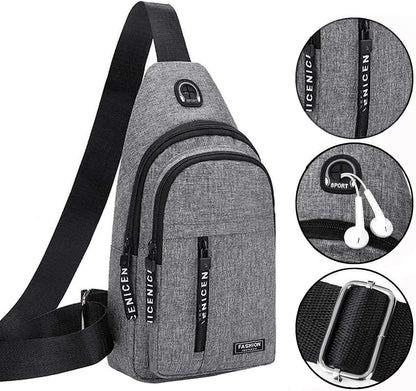Aura Restored Gideon Collection sling bag with USB port, crossbody style, compact chest bag for men and women, stylish accessories.