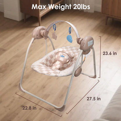 Aura Restored Tiny Marvels infant swing in blush bloom with adaptable speed, music, removable toy bar, foldable for indoor and outdoor use.
