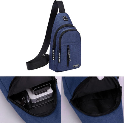 Aura Restored Gideon Collection sling bag with USB hole, crossbody style, for women and men, casual chest bag and backpack accessory.