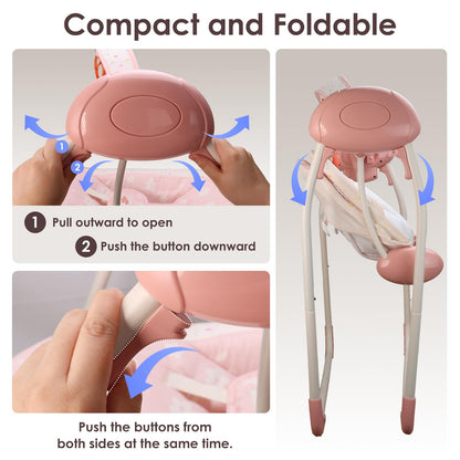 Aura Restored Baby Swing for infants, portable blush bloom swing with adjustable speed, music, removable toy bar, foldable for indoor outdoor use.