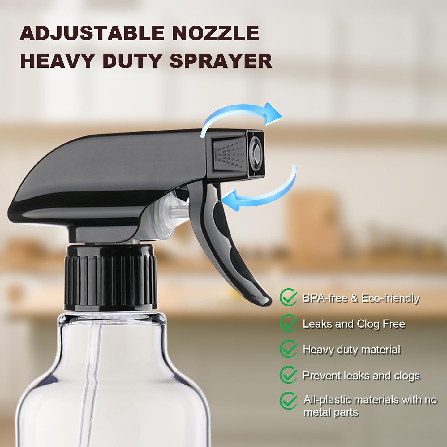 12 oz heavy-duty plastic spray bottle from Aura Restored, with a trigger spray nozzle, used for cleaning supplies and household chores.