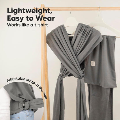 Aura Restored KeaBabies baby wrap carrier ring sling in graphite, adjustable, breathable fabric for newborn to toddler bonding.