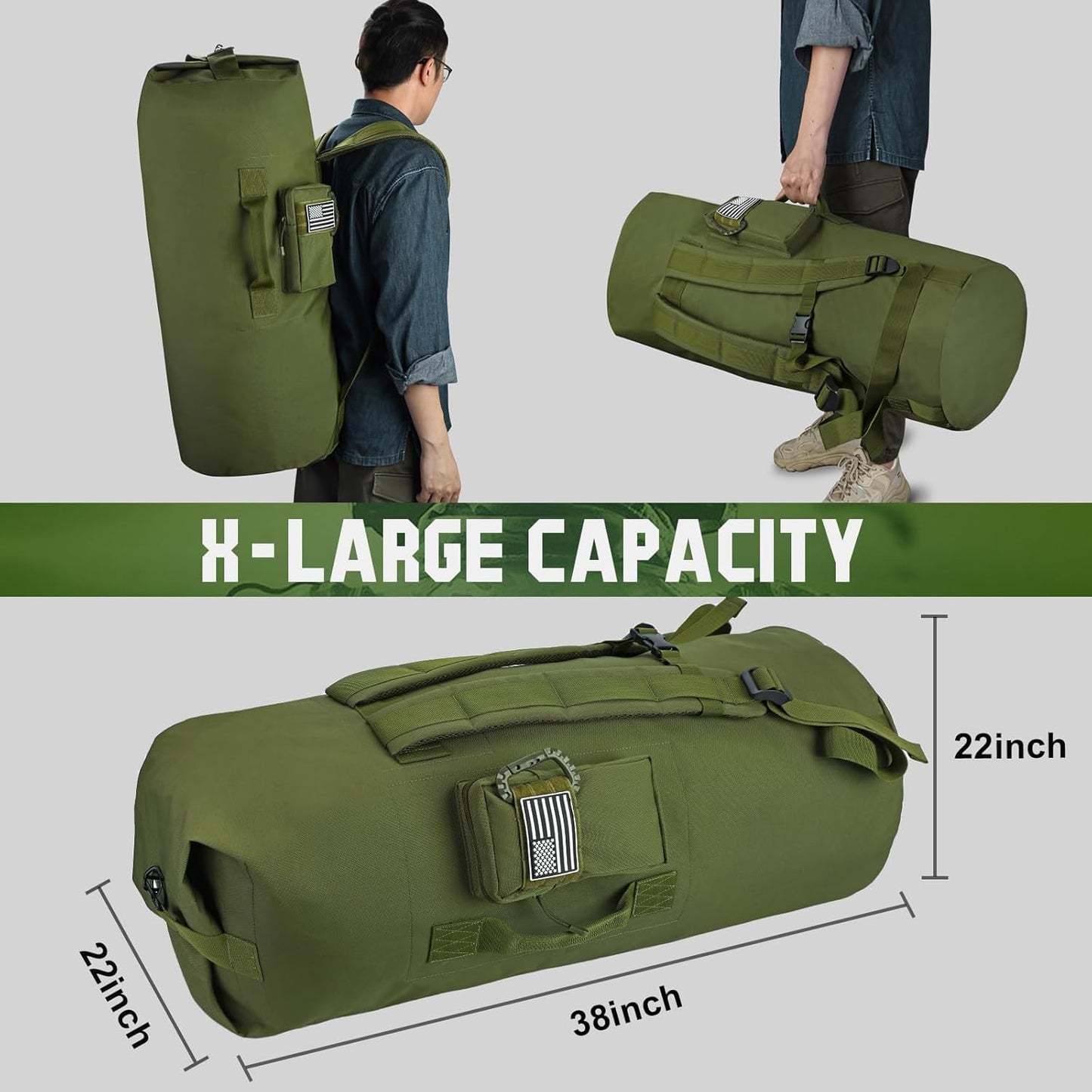 MOZETO Military Duffle Bag, 110L Extra Large Sea Bag with Backpack Straps Heavy Duty Army Duffle Bag for Camp, College Dorm or Laundry Bag