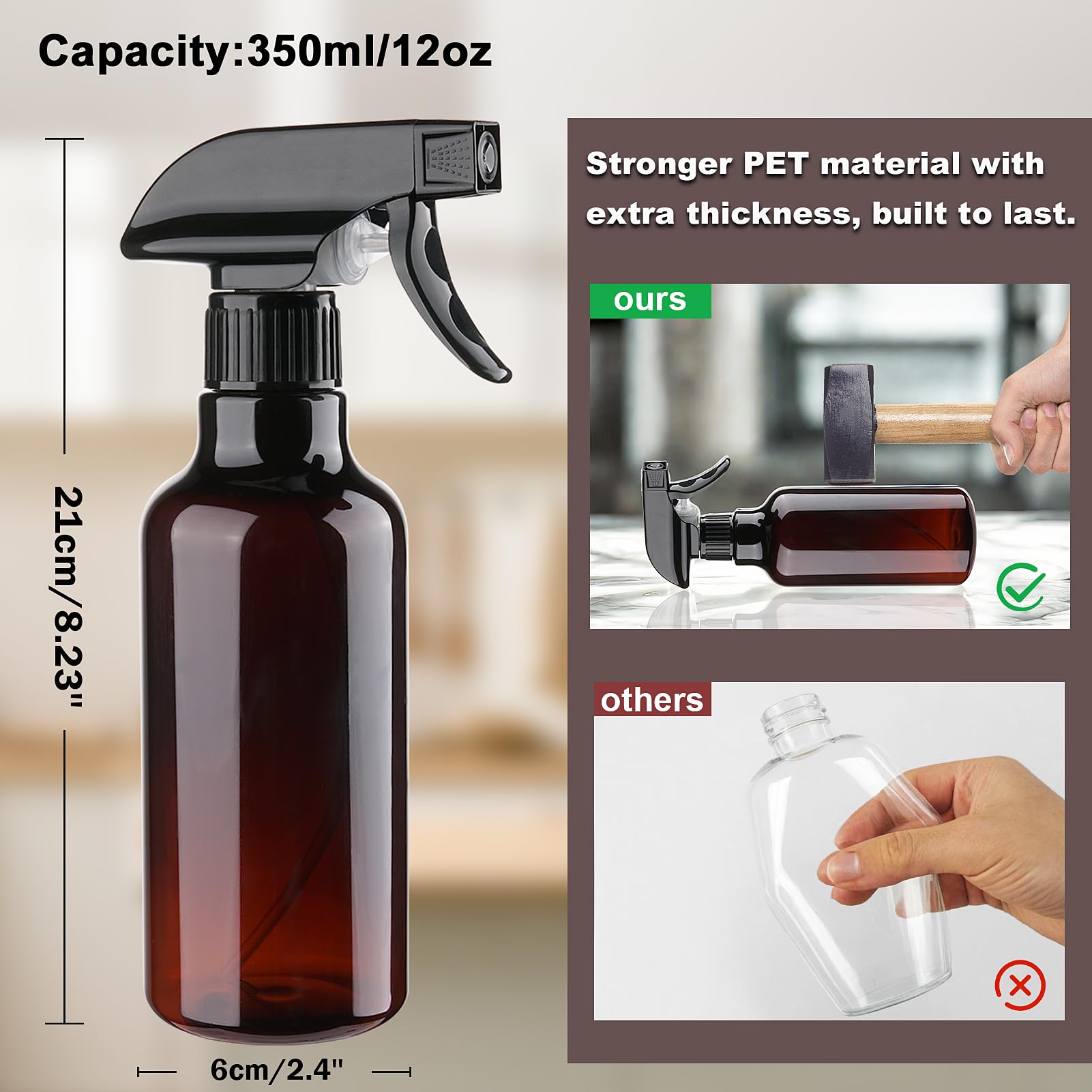 12 oz heavy-duty plastic spray bottles by Aura Restored, shown with nozzle and transparent body, ideal for cleaning supplies.