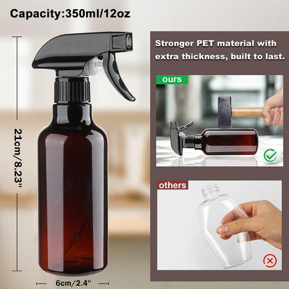 12 oz heavy-duty plastic spray bottles by Aura Restored, shown with nozzle and transparent body, ideal for cleaning supplies.