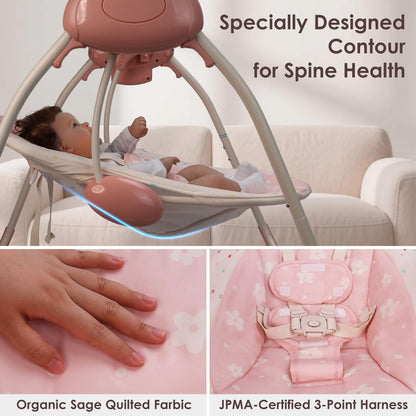 Aura Restored Tiny Marvels Baby Swing in blush with adjustable speed, music, removable toy bar, foldable design for infants 0-9 months.