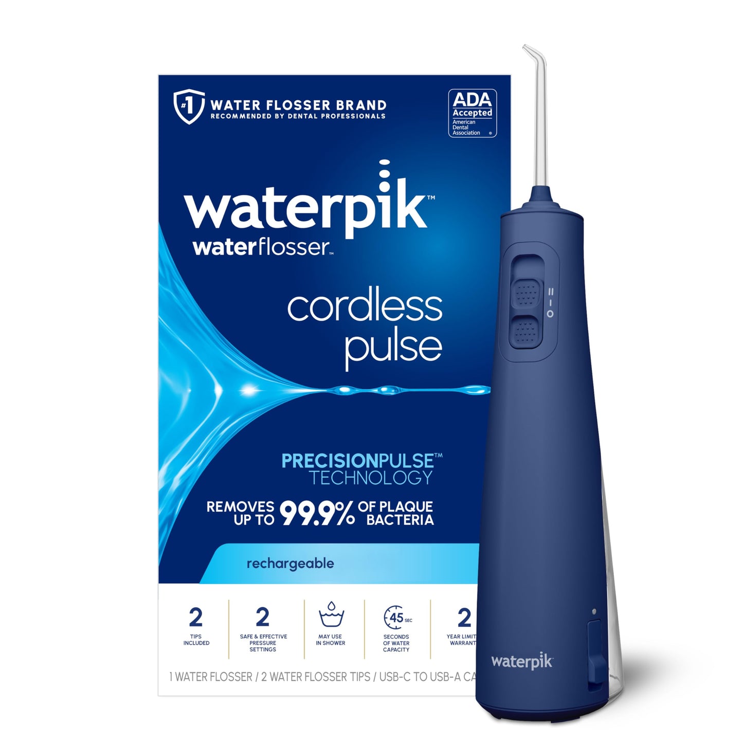 Waterpik Cordless Pulse Rechargeable Portable Water Flosser for Teeth, Gums, Braces Care and Travel with 2 Flossing Tips, Waterproof, ADA Accepted, WF-20 White, Packaging May Vary