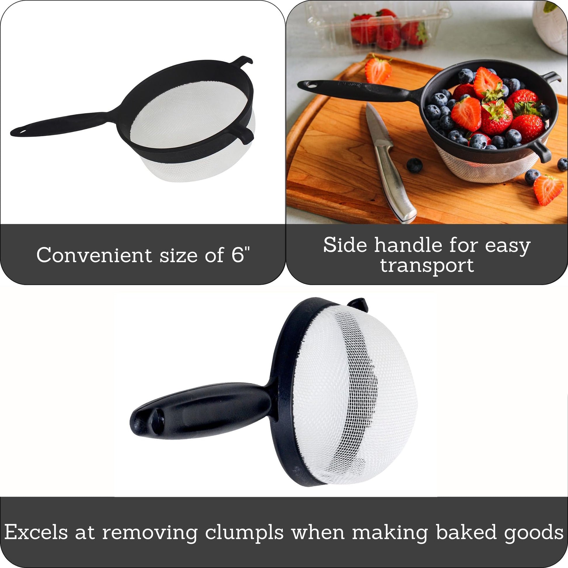 Black 6-inch plastic kitchen strainer by Aura Restored, showing fine mesh and sturdy handle for draining and sifting.