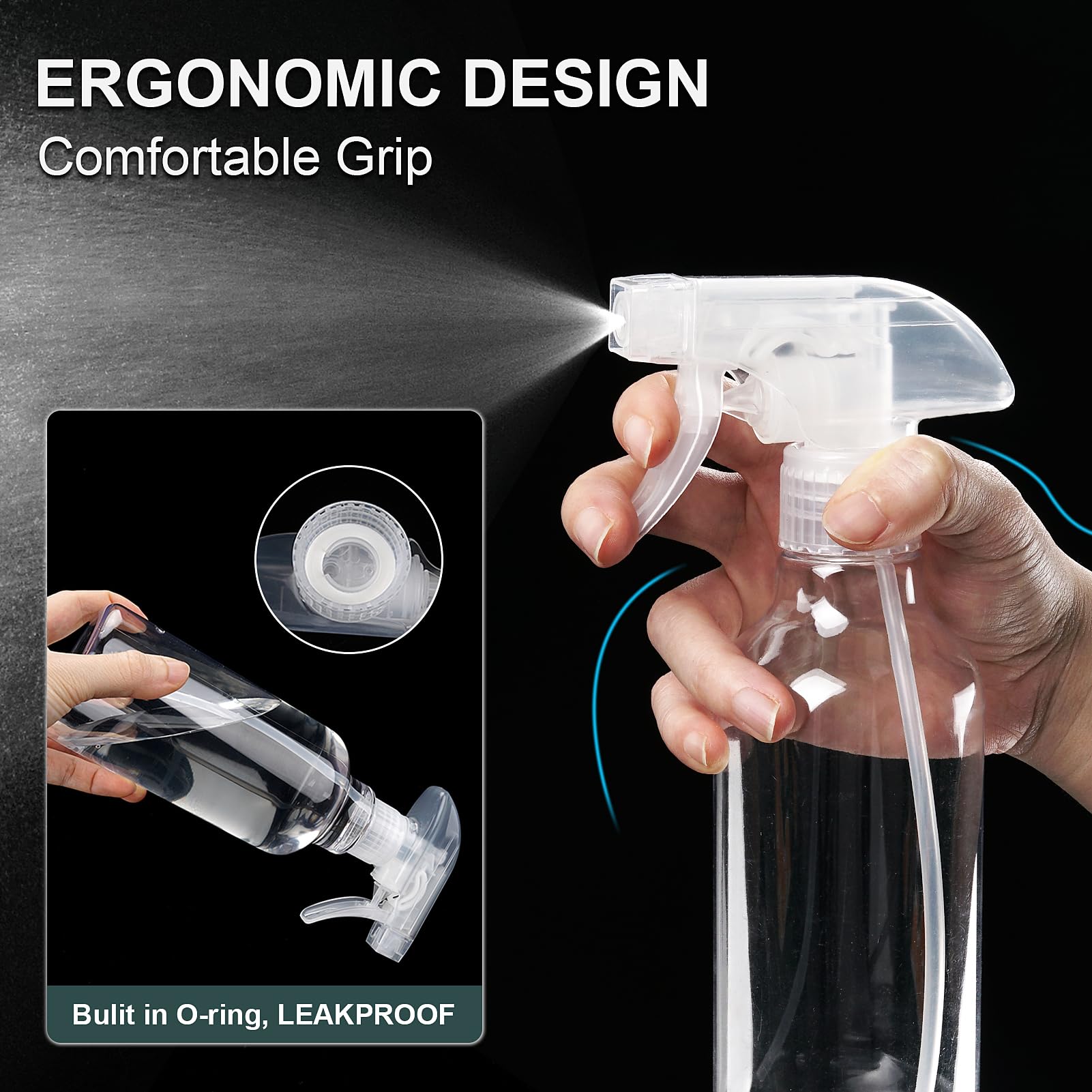Aura Restored 12 oz heavy-duty plastic spray bottles for cleaning supplies, shown with adjustable nozzle and durable design.