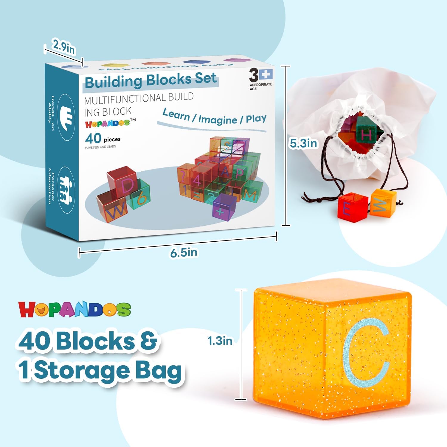 Aura Restored 40-piece toddler building blocks learning kit with ABC and number stacking blocks for early education and play.