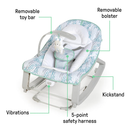 Aura Restored Ingenuity Keep Cozy 3-in-1 baby bouncer with vibrating seat, toy bar, suitable for infants to toddlers up to 40 lbs