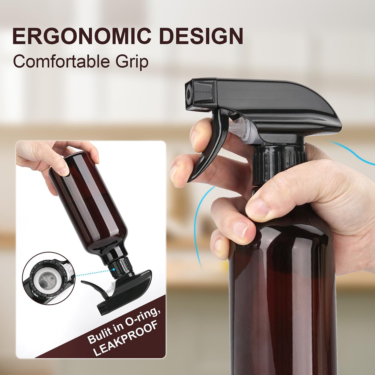 12 oz heavy-duty empty plastic spray bottles by Aura Restored, used for cleaning supplies, with spray nozzles and clear plastic construction.