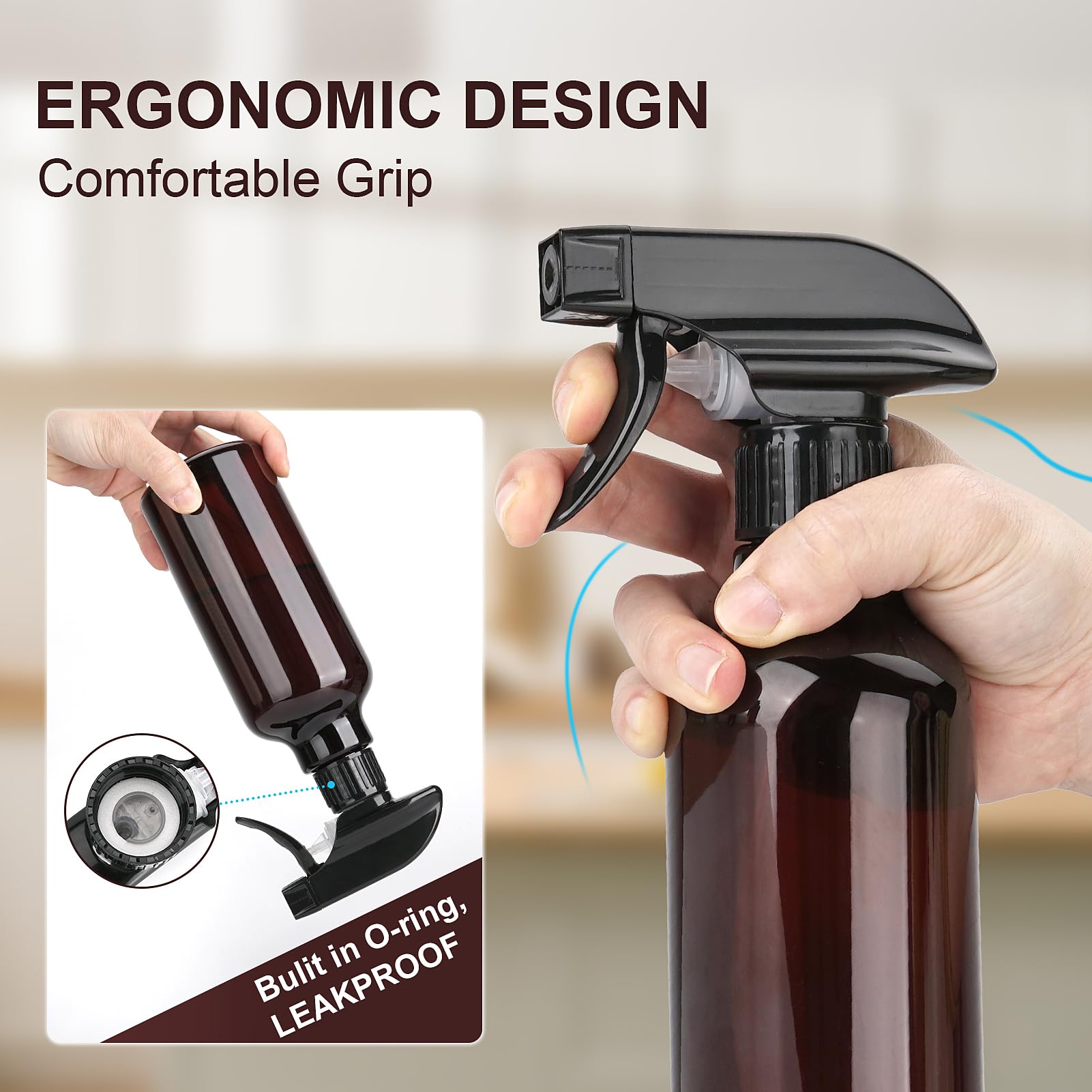 12 oz heavy-duty empty plastic spray bottles by Aura Restored, used for cleaning supplies, with spray nozzles and clear plastic construction.