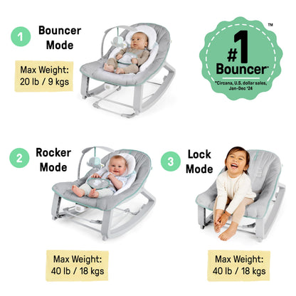 Aura Restored Ingenuity Keep Cozy 3-in-1 baby bouncer with toy bar, vibrating seat, suitable for infants to toddlers up to 40 lbs.