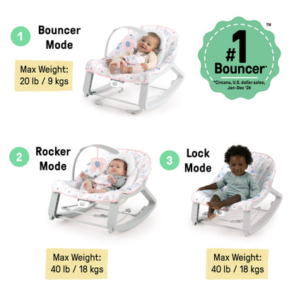 Aura Restored Ingenuity Keep Cozy 3-in-1 baby bouncer with toy bar, vibrating seat, and toddler rocker for infants to 30 months.