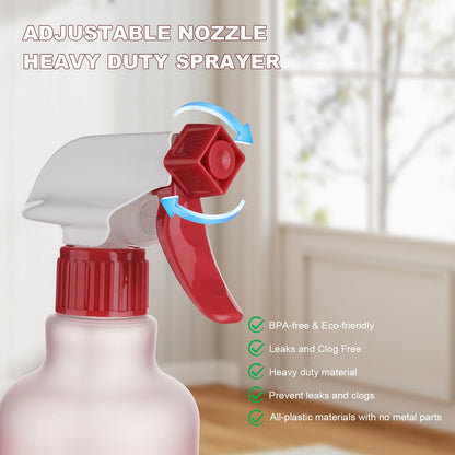 12 oz Aura Restored heavy-duty plastic spray bottles for cleaning, with adjustable nozzles and durable design.