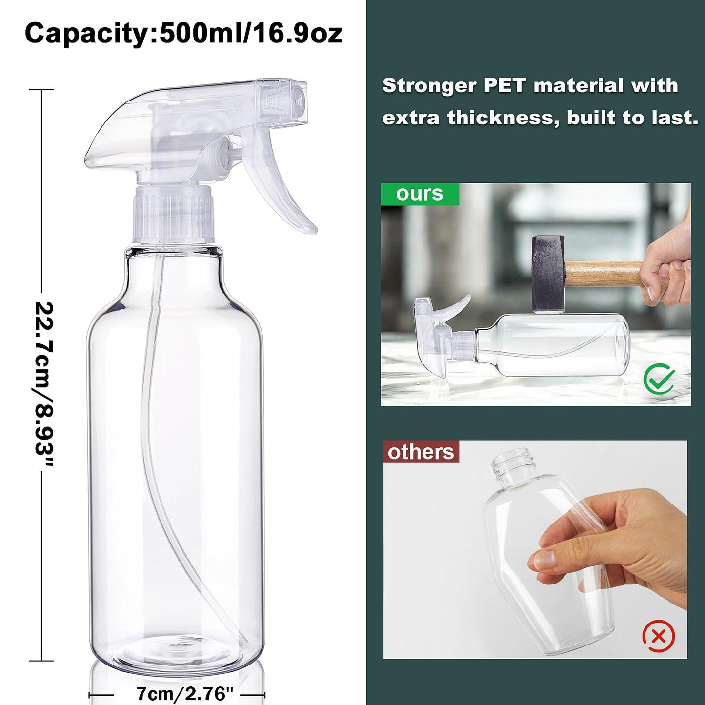 Aura Restored 12 oz heavy-duty plastic spray bottles for cleaning, shown with no liquid and durable trigger spray mechanism.