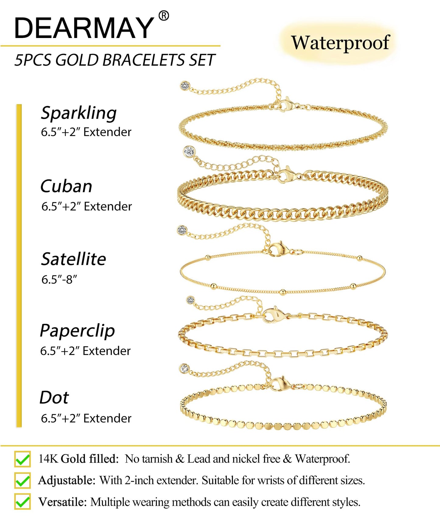 Kryssable Collection Gold Bracelets Set for Women 14K Real Gold Plated Jewelry Fashion Stackable Tennis Beaded Figaro Herringbone Paperclip Link Bracelet Pack Stack Gifts for Women
